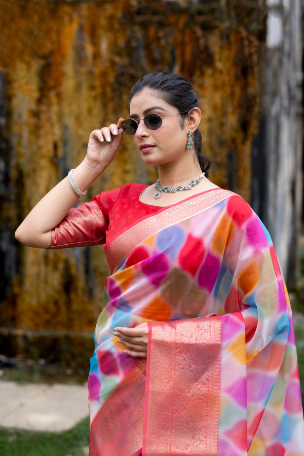 Vibrant Candy Organza Silk Saree with Banarasi Zari Border | Mesmerizing Blur prints