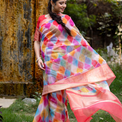 Vibrant Candy Organza Silk Saree with Banarasi Zari Border | Mesmerizing Blur prints