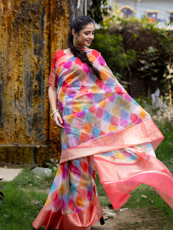 Vibrant Candy Organza Silk Saree with Banarasi Zari Border | Mesmerizing Blur prints