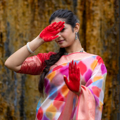 Vibrant Candy Organza Silk Saree with Banarasi Zari Border | Mesmerizing Blur prints