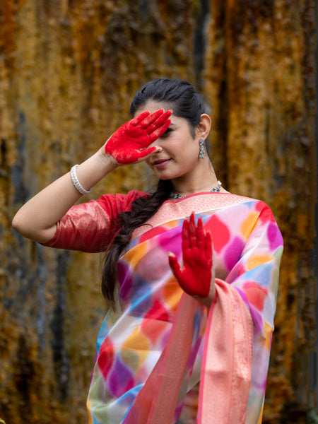 Vibrant Candy Organza Silk Saree with Banarasi Zari Border | Mesmerizing Blur prints