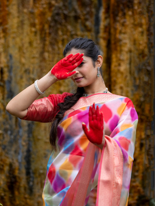 Vibrant Candy Organza Silk Saree with Banarasi Zari Border | Mesmerizing Blur prints