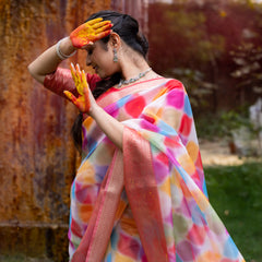 Vibrant Candy Organza Silk Saree with Banarasi Zari Border | Mesmerizing Blur prints