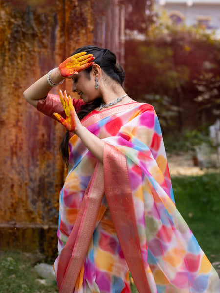 Vibrant Candy Organza Silk Saree with Banarasi Zari Border | Mesmerizing Blur prints