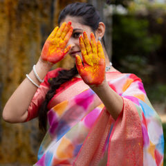 Vibrant Candy Organza Silk Saree with Banarasi Zari Border | Mesmerizing Blur prints