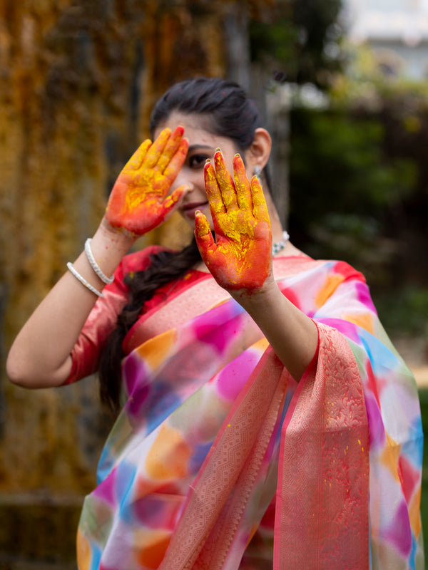 Vibrant Candy Organza Silk Saree with Banarasi Zari Border | Mesmerizing Blur prints