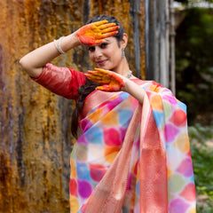 Vibrant Candy Organza Silk Saree with Banarasi Zari Border | Mesmerizing Blur prints