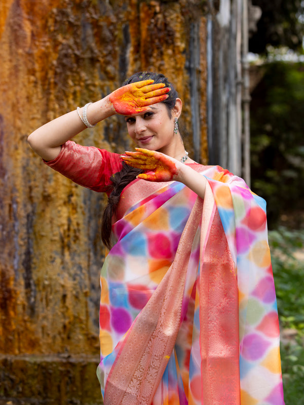 Vibrant Candy Organza Silk Saree with Banarasi Zari Border | Mesmerizing Blur prints