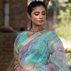 Off Blue Vibrant Organza Silk Saree with Mesmerizing Digital Print and Zari Border