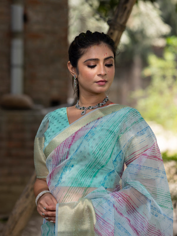 Off Blue Vibrant Organza Silk Saree with Mesmerizing Digital Print and Zari Border