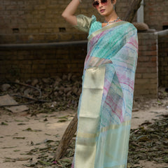 Off Blue Vibrant Organza Silk Saree with Mesmerizing Digital Print and Zari Border