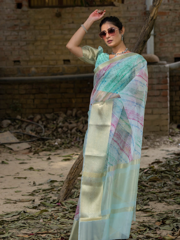 Off Blue Vibrant Organza Silk Saree with Mesmerizing Digital Print and Zari Border