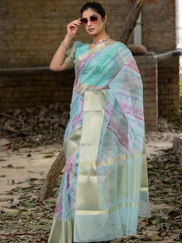 Off Blue Vibrant Organza Silk Saree with Mesmerizing Digital Print and Zari Border