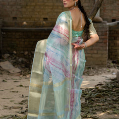 Off Blue Vibrant Organza Silk Saree with Mesmerizing Digital Print and Zari Border