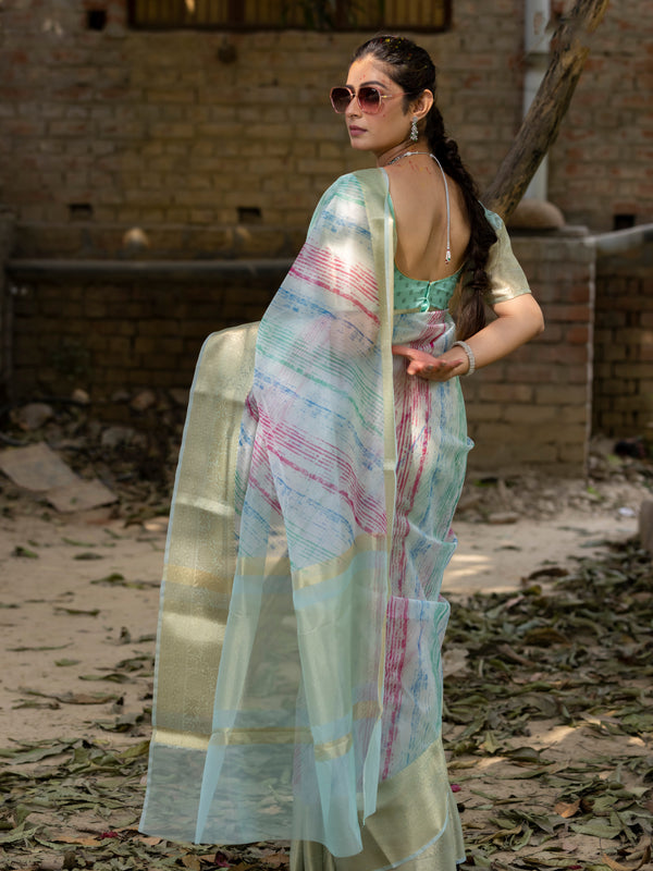 Off Blue Vibrant Organza Silk Saree with Mesmerizing Digital Print and Zari Border