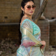 Off Blue Vibrant Organza Silk Saree with Mesmerizing Digital Print and Zari Border