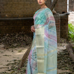 Off Blue Vibrant Organza Silk Saree with Mesmerizing Digital Print and Zari Border