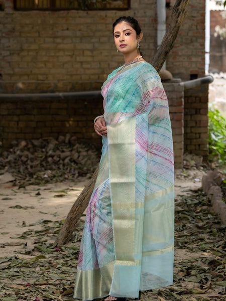 Off Blue Vibrant Organza Silk Saree with Mesmerizing Digital Print and Zari Border