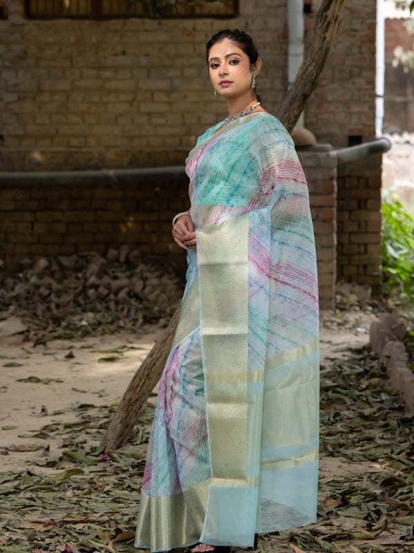 Off Blue Vibrant Organza Silk Saree with Mesmerizing Digital Print and Zari Border