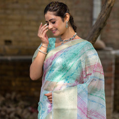 Off Blue Vibrant Organza Silk Saree with Mesmerizing Digital Print and Zari Border