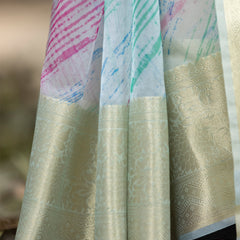 Off Blue Vibrant Organza Silk Saree with Mesmerizing Digital Print and Zari Border
