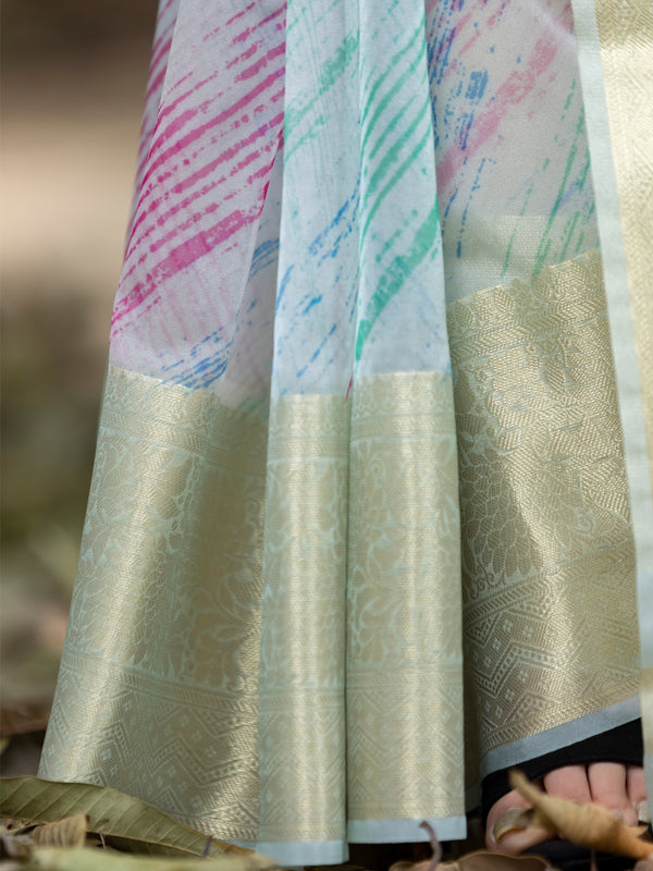 Off Blue Vibrant Organza Silk Saree with Mesmerizing Digital Print and Zari Border