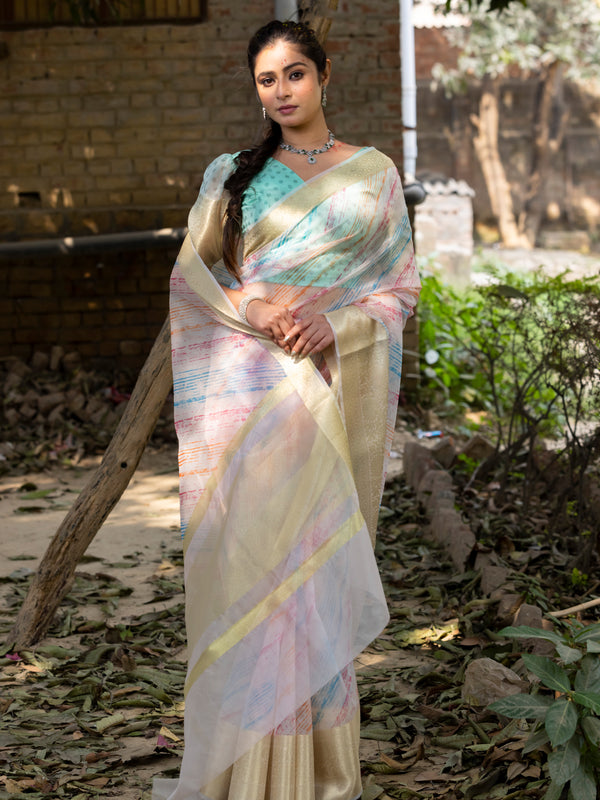 Off White Vibrant Organza Silk Saree with Mesmerizing Digital Print and Zari Border