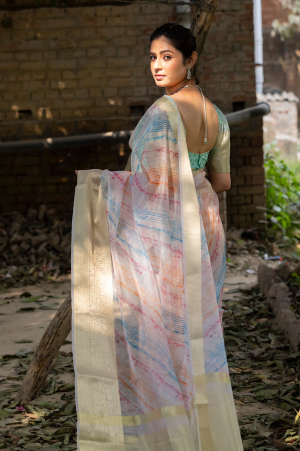 Off White Vibrant Organza Silk Saree with Mesmerizing Digital Print and Zari Border