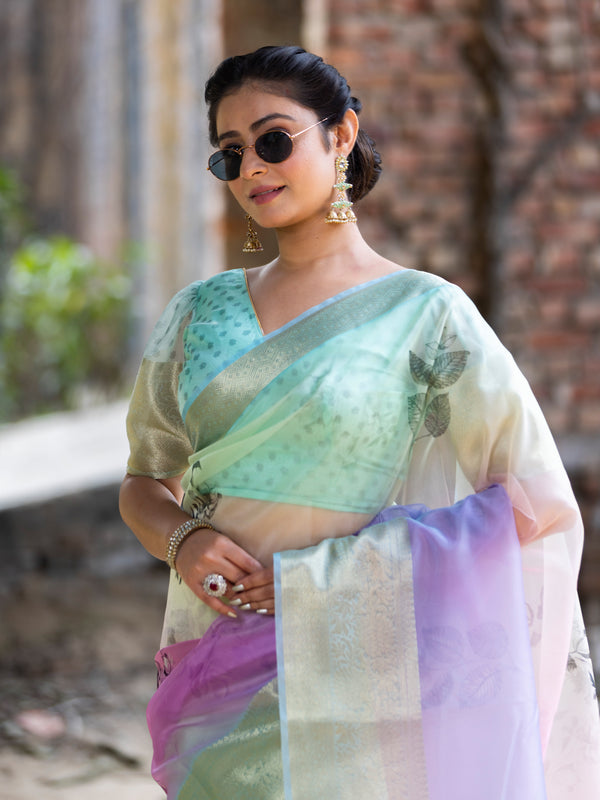 Prismatic Organza Silk Saree with Banarasi Zari Border | New Leaf Pattern