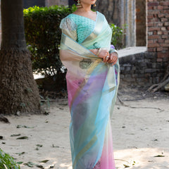 Prismatic Organza Silk Saree with Banarasi Zari Border | New Leaf Pattern