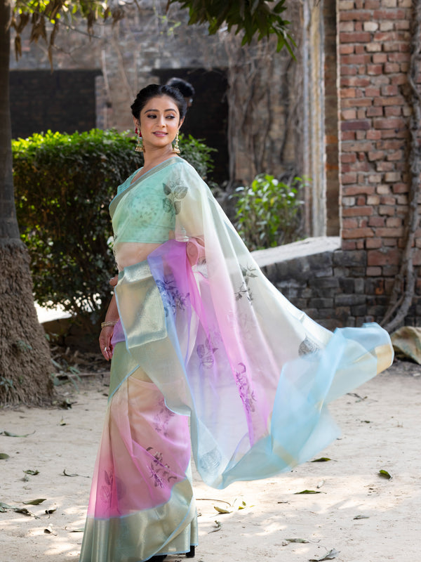 Prismatic Organza Silk Saree with Banarasi Zari Border | New Leaf Pattern
