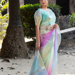 Prismatic Organza Silk Saree with Banarasi Zari Border | New Leaf Pattern