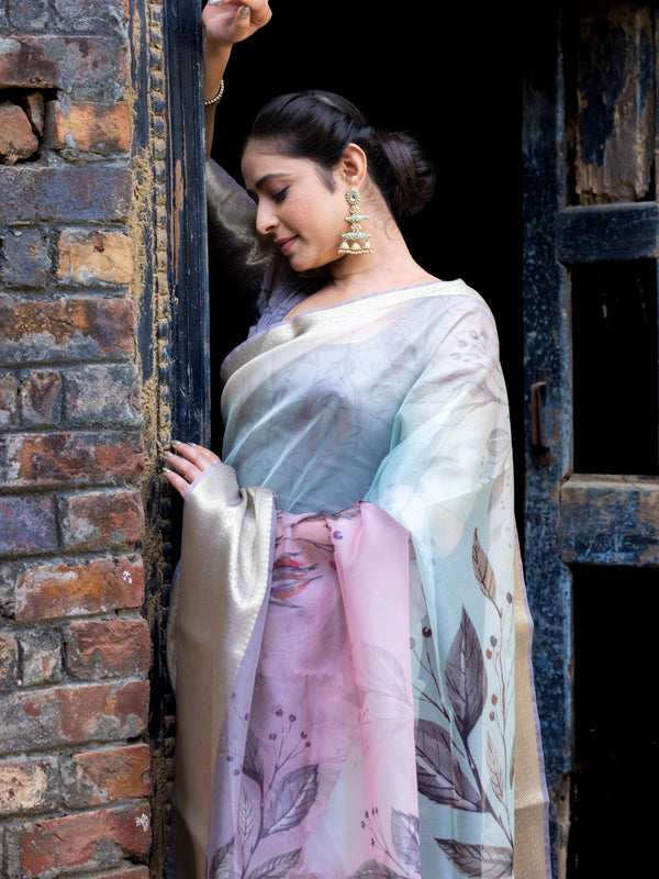 Earthy Neon Organza Silk Saree with Banarasi Zari Border | Full Leaf Pattern