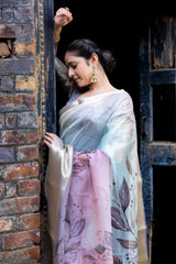 Earthy Neon Organza Silk Saree with Banarasi Zari Border | Full Leaf Pattern