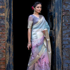 Earthy Neon Organza Silk Saree with Banarasi Zari Border | Full Leaf Pattern