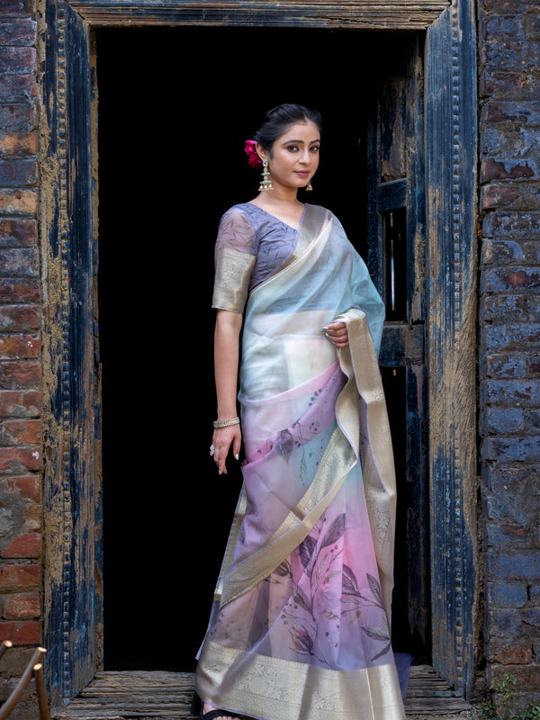 Earthy Neon Organza Silk Saree with Banarasi Zari Border | Full Leaf Pattern
