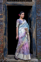 Earthy Neon Organza Silk Saree with Banarasi Zari Border | Full Leaf Pattern