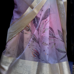 Earthy Neon Organza Silk Saree with Banarasi Zari Border | Full Leaf Pattern