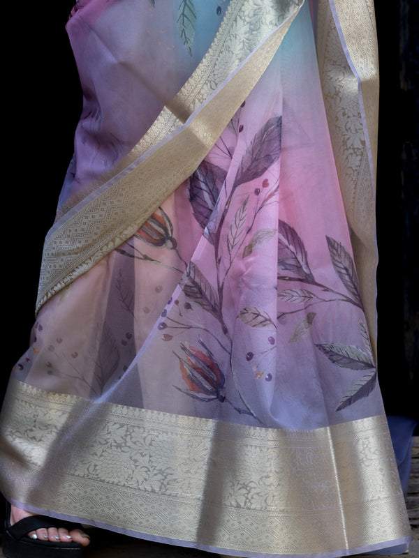 Earthy Neon Organza Silk Saree with Banarasi Zari Border | Full Leaf Pattern