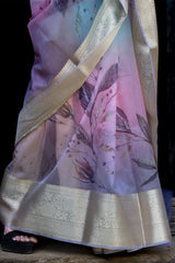 Earthy Neon Organza Silk Saree with Banarasi Zari Border | Full Leaf Pattern