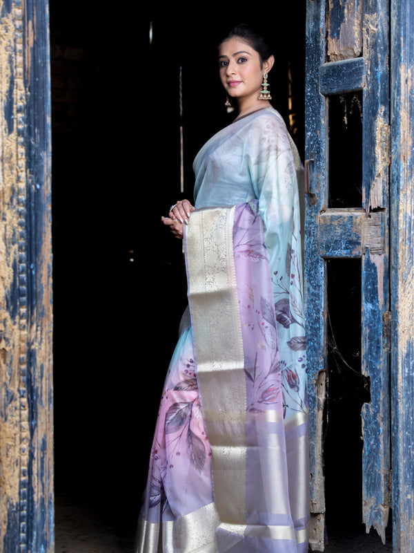 Earthy Neon Organza Silk Saree with Banarasi Zari Border | Full Leaf Pattern