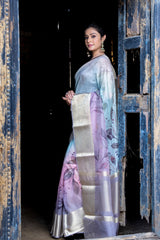 Earthy Neon Organza Silk Saree with Banarasi Zari Border | Full Leaf Pattern