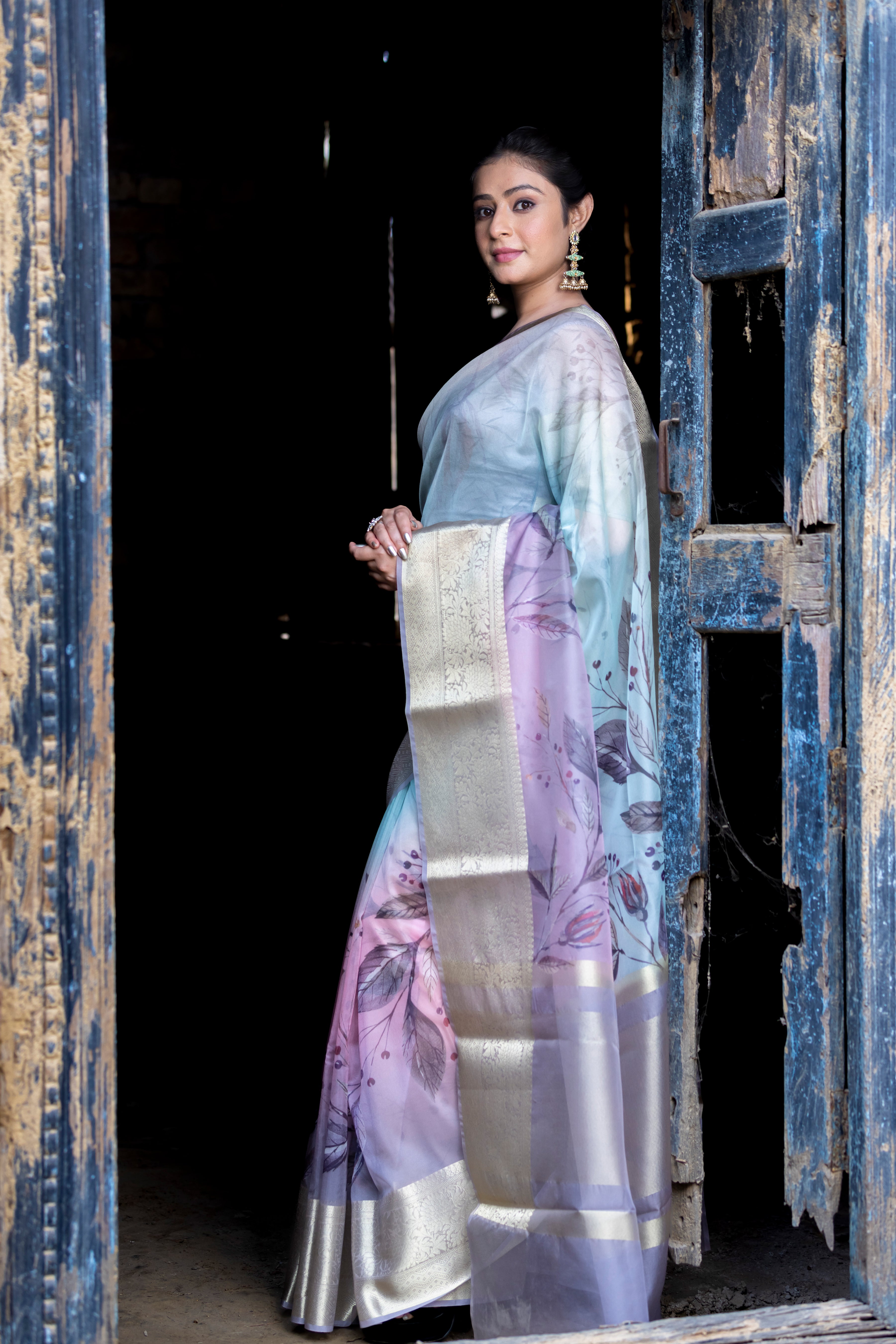 Earthy Neon Organza Silk Saree with Banarasi Zari Border | Full Leaf Pattern