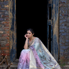 Earthy Neon Organza Silk Saree with Banarasi Zari Border | Full Leaf Pattern
