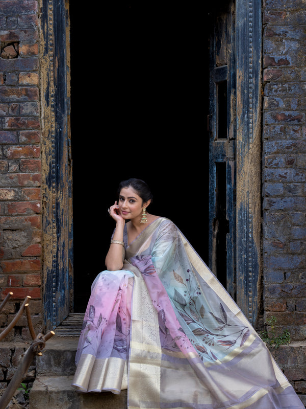 Earthy Neon Organza Silk Saree with Banarasi Zari Border | Full Leaf Pattern