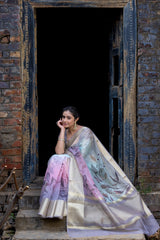 Earthy Neon Organza Silk Saree with Banarasi Zari Border | Full Leaf Pattern