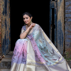Earthy Neon Organza Silk Saree with Banarasi Zari Border | Full Leaf Pattern