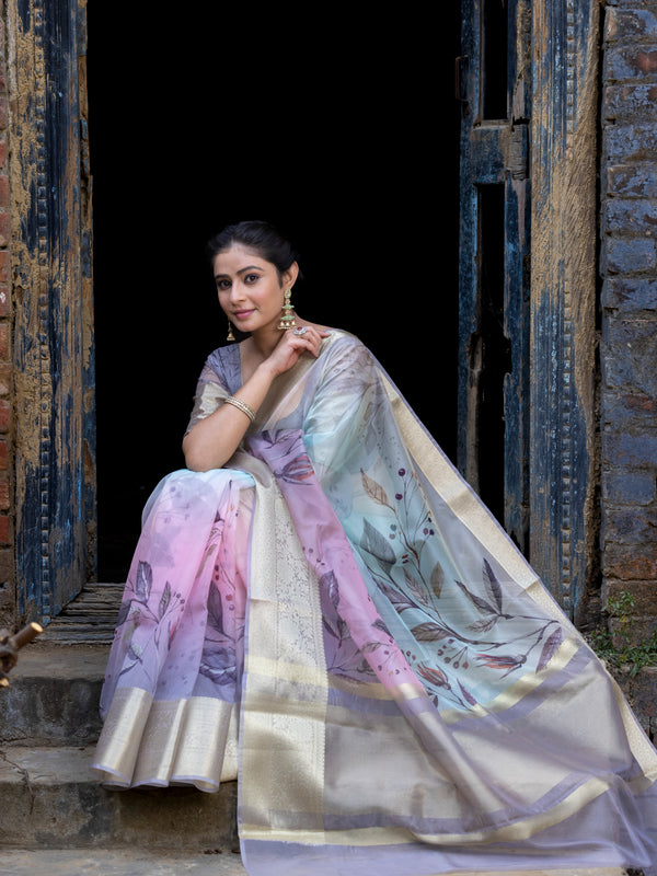 Earthy Neon Organza Silk Saree with Banarasi Zari Border | Full Leaf Pattern