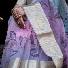 Earthy Neon Organza Silk Saree with Banarasi Zari Border | Full Leaf Pattern