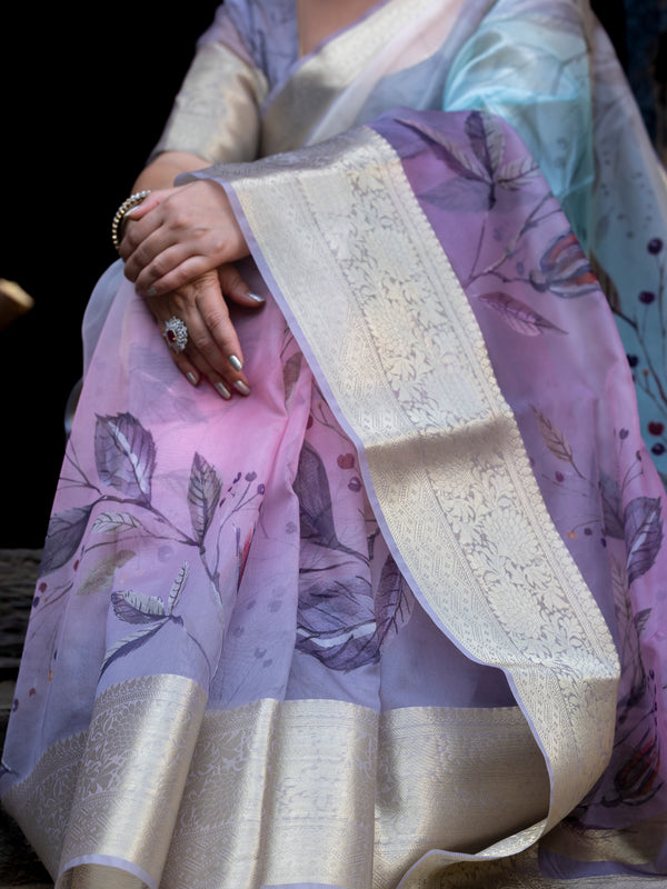 Earthy Neon Organza Silk Saree with Banarasi Zari Border | Full Leaf Pattern